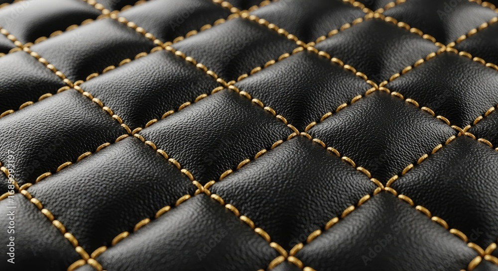 Fototapeta premium Luxurious black leather with intricate gold stitching, diamond pattern, close-up texture.