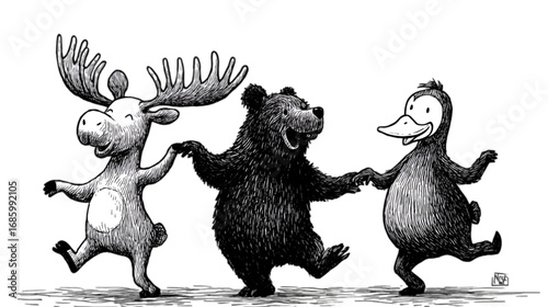 Joyful Moose Bear and Duck Dancing Together in a Line.