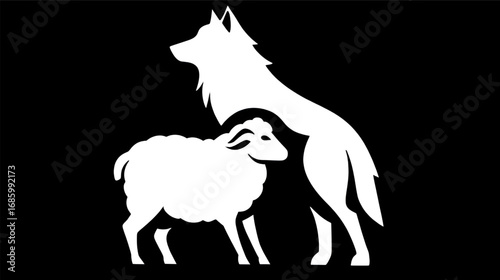 White silhouette of a wolf and a sheep icon.