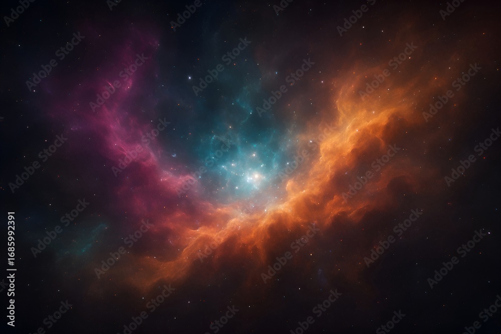 Fototapeta premium Cosmic nebula cloud in deep space glowing with magenta, teal, and golden orange, bright star cluster at center with swirling gas patterns, stunning abstract space background