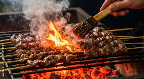 Sizzling Anticucho Skewers Basting over Glowing Charcoal Embers