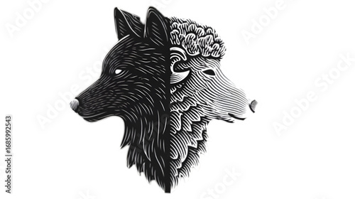 Symbolic black and white illustration of wolf and sheep duality.