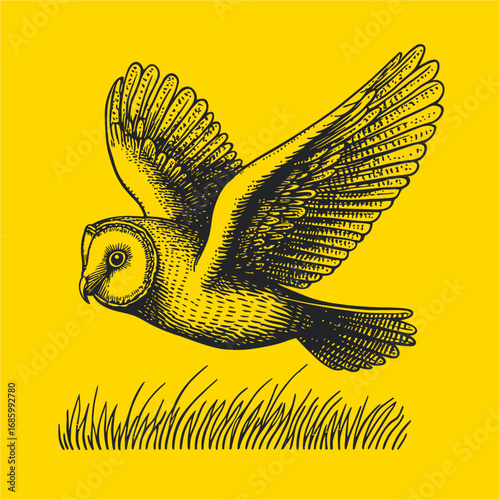 Detailed Illustration of a Flying Owl Against a Bright Yellow Background