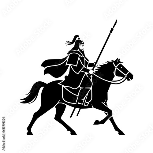 Black horse rider icon silhouette with spear weapon in flat minimal vector style