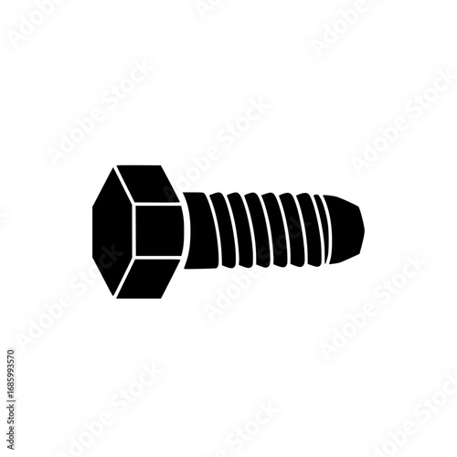 Black screw bolt icon silhouette with thread and hexagonal head flat design