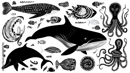 Graphic Set of Black and White Stylized Marine Life Illustrations.