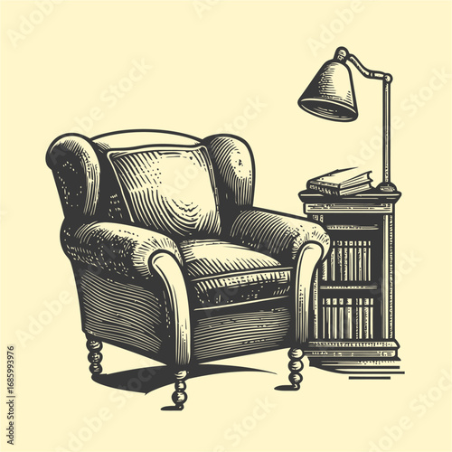 Vintage Armchair and Reading Lamp with Bookshelf in Cozy Setting