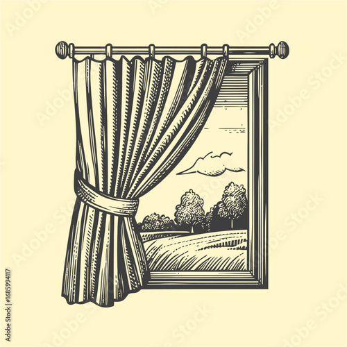 Vintage Window with Drapes Overlooking Scenic Landscape Artwork