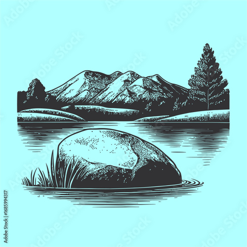 Scenic Mountain Landscape with Rock and Reflections in Calm Water