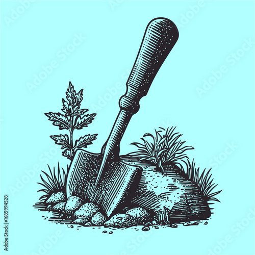 Vintage Shovel with Plant and Grass on Light Blue Background