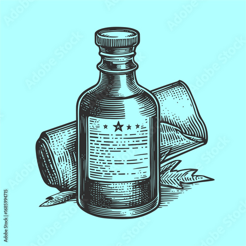 Vintage Glass Bottle with Scroll on Teal Background in Engraved Style