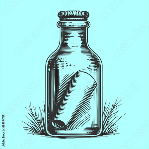 Vintage Glass Bottle with Scroll on Blue Background Illustration