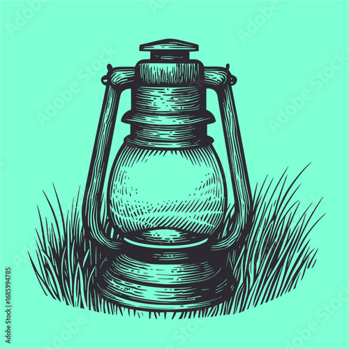Vintage Lantern Illustration on Green Grass Background in Engraved Style