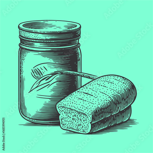 Vintage Jar with Leaf and Loaf of Bread on Bright Turquoise Background