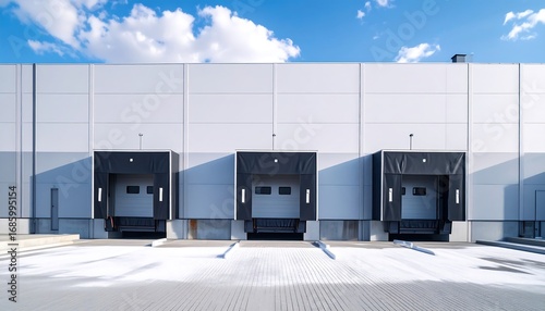 Exterior view of a modern industrial building with loading docks against a bright blue sky