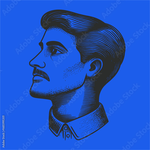 Vintage Style Portrait of a Man with Mustache on Blue Background