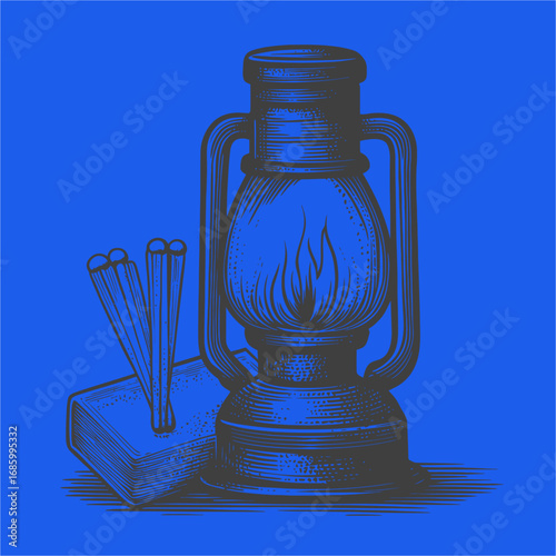 Vintage Oil Lantern with Matches on Bold Blue Background