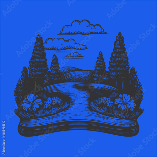 Tranquil Landscape with Trees and Clouds on Blue Background