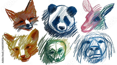 Collection of colorful hand drawn sketches of various animal heads.