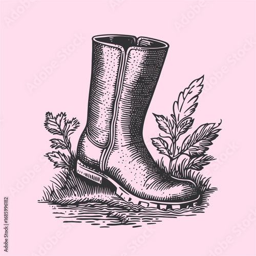 Vintage Style Rubber Boot Surrounded by Green Foliage on Pink Background