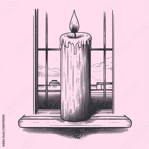 Classic Candle on Windowsill with Dripping Wax and Scenic View