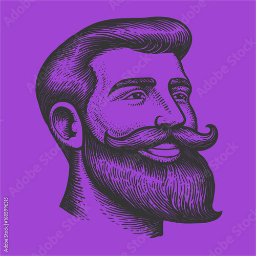 Vintage Illustration of a Stylish Man with Mustache and Beard on Purple Background