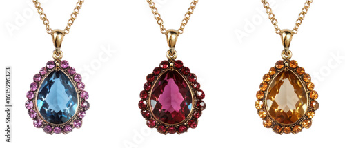 Three Gemstone Pendants With Gold Chains Against Transparent Background Displaying Luxurious Jewelry With Various Colorful Precious Gems