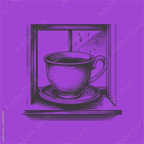 Purple Artful Illustration of a Coffee Cup and Window with Rain Drops