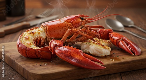 Baked lobster fresh from the oven on a wooden board