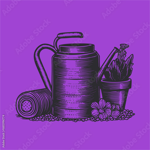 Vintage Watering Can with Flower Pot and Garden Accessories Design
