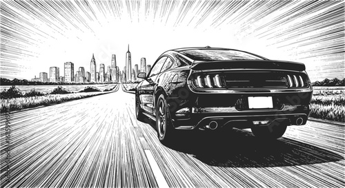 Classic car speeding on highway with city in background, halftone vector drawing. EPS 10 version.