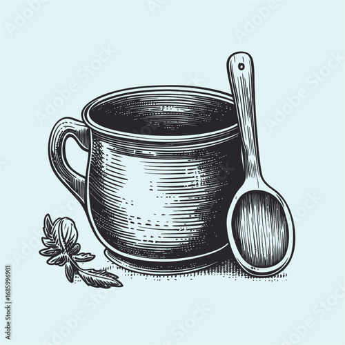 Vintage Hand-Drawn Mug with Spoon and Herb Design for Kitchen Decor