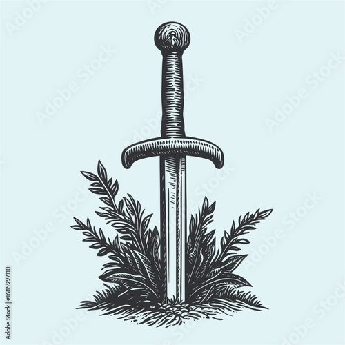 Vintage Sword with Leafy Foliage Illustrating Nature's Power and Beauty