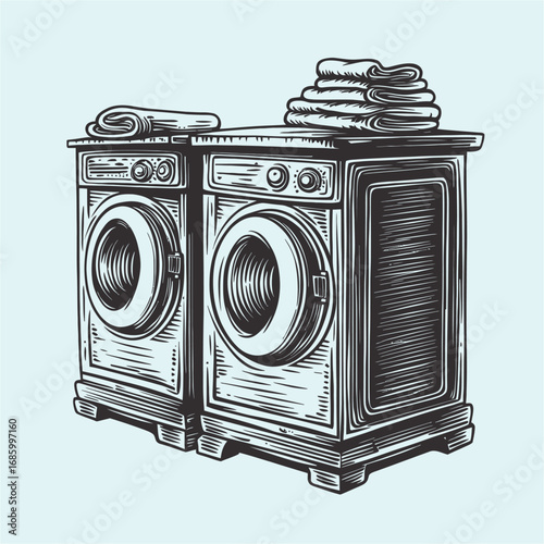 Vintage Style Laundry Machines with Freshly Folded Towels on Top