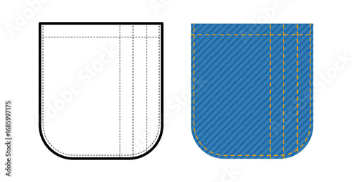 Pencil Pocket Rounded Top-stitched Patch Pocket Jeans technical fashion illustration. Flat apparel line template and color. Women, men unisex style item CAD mockup isolated on white background 
