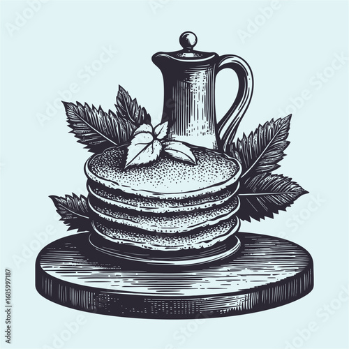 Hand-Drawn Pancakes with Syrup and Leaves on Wooden Plate Design