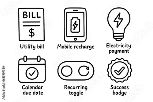 Utility Payment Doodles. Bill payments: hand drawn doodles of utility bill icon, mobile recharge, electricity payment, calendar