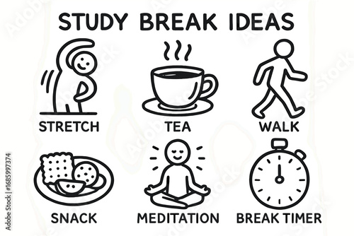 Study Break Doodles. Study break ideas: hand drawn doodles of stretch icon, tea cup, walk symbol, snack plate, meditation icon,