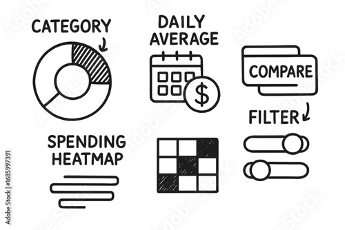 Spend Analytics Doodles. Spend analytics: hand drawn doodles of category donut chart, daily average icon, compare tabs, spending