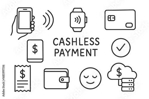 Cashless Payment Icons. Cashless payment doodle icon set: hand drawn icons of phone tap, NFC wave, smartwatch pay, chip card,