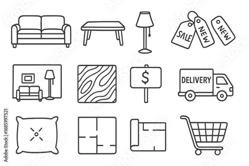 Furniture Shopping Icons. Furniture shopping doodle icon set: hand drawn icons of sofa, coffee table, lamp, rug, showroom tags,