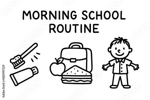 Morning School Routine. Morning school routine doodle set: hand drawn icons for brushing teeth, packing lunch, and getting dressed