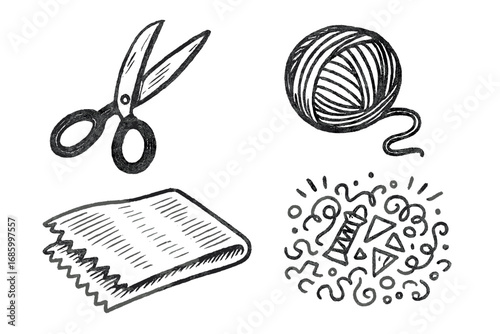 Craft Night Doodle. Craft night doodle set: hand drawn icons for scissors, yarn, fabric, and creative mess, isolated transparent