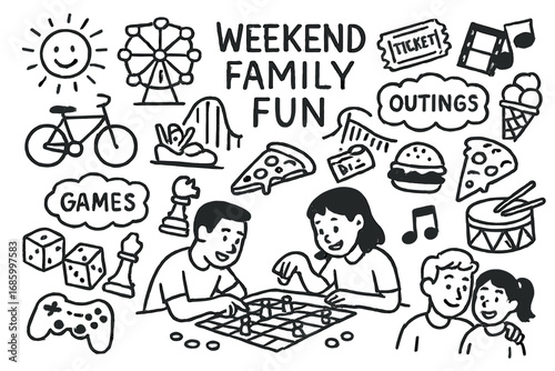 Family Weekend Fun. Weekend family fun doodle set: hand drawn icons for outings, board games, and bonding activities, isolated