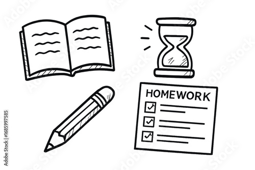 Homework Essentials Doodle. Homework routine doodle set: hand drawn icons for notebooks, timers, pencils, and task charts,