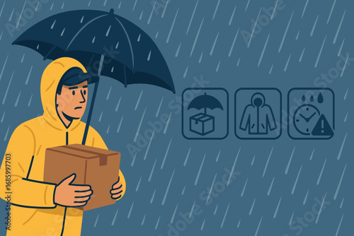 Courier in Rain. Horizontal vector banner featuring courier in rainy weather and comprehensive weather-proof delivery icon set for
