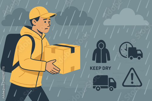 Courier in Rain. Horizontal vector banner featuring courier in rainy weather and comprehensive weather-proof delivery icon set for