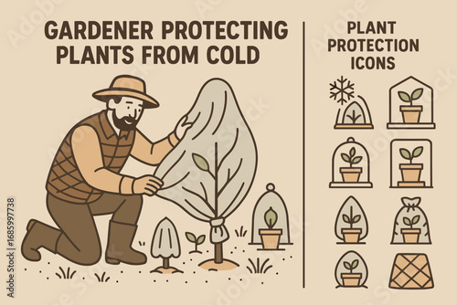 Gardener's Plant Protection. Vector layout featuring gardener protecting plants from cold and plant protection icon set for covers