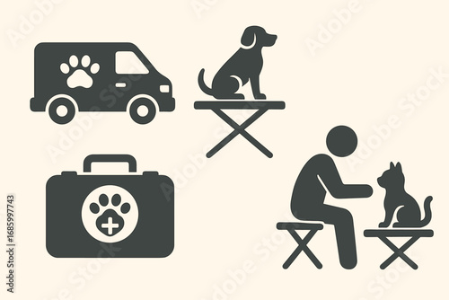 Mobile Vet Essentials. Vector strip showing mobile vet visit and mobile clinic icon set for vans, portable tables, travel kits and