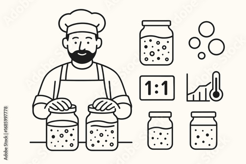 Baker's Fermentation Toolkit. Vector layout depicting baker with sourdough starters and fermentation icon set for jars, bubbles,